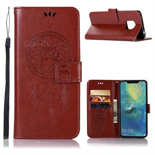 Intricate Embossing Owl Campanula Leather Wallet Case for Huawei Mate 20 Pro - Brown