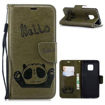 Embossing Hello Panda Leather Wallet Phone Case for Huawei Mate 20 Pro - Olive Green