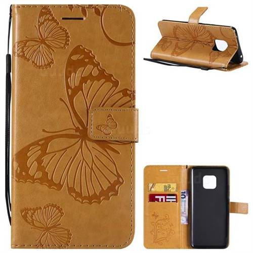 Embossing 3D Butterfly Leather Wallet Case for Huawei Mate 20 Pro - Yellow