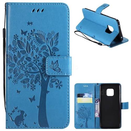 Embossing Butterfly Tree Leather Wallet Case for Huawei Mate 20 Pro - Blue