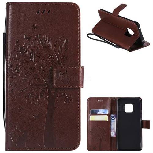 Embossing Butterfly Tree Leather Wallet Case for Huawei Mate 20 Pro - Coffee