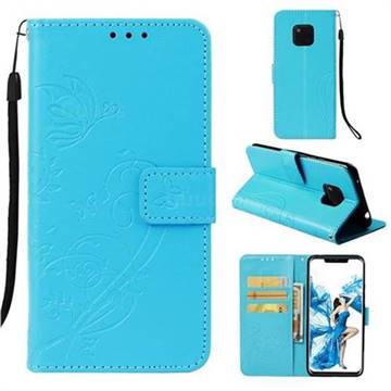 Embossing Butterfly Flower Leather Wallet Case for Huawei Mate 20 Pro - Blue