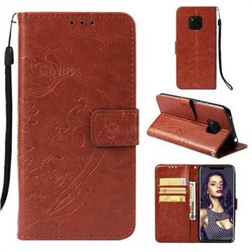 Embossing Butterfly Flower Leather Wallet Case for Huawei Mate 20 Pro - Brown