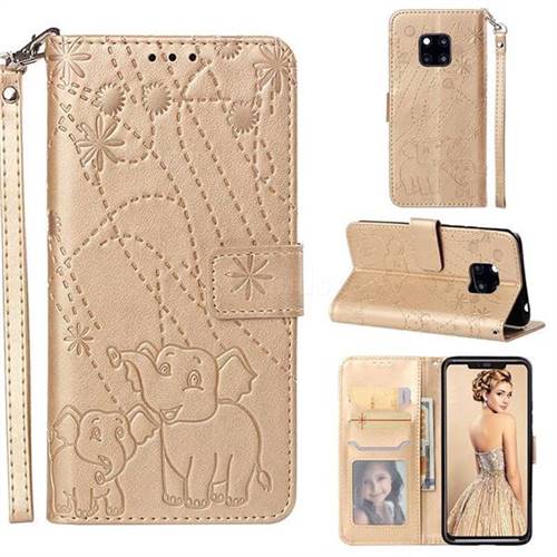 Embossing Fireworks Elephant Leather Wallet Case for Huawei Mate 20 Pro - Golden