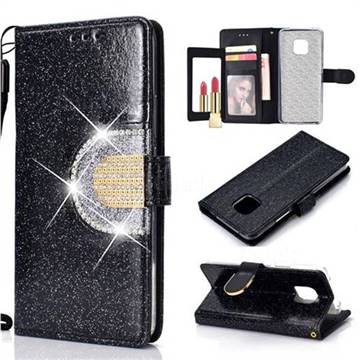 Glitter Diamond Buckle Splice Mirror Leather Wallet Phone Case for Huawei Mate 20 Pro - Black