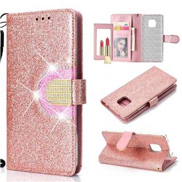 Glitter Diamond Buckle Splice Mirror Leather Wallet Phone Case for Huawei Mate 20 Pro - Rose Gold