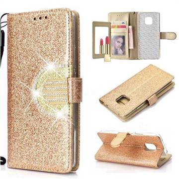 Glitter Diamond Buckle Splice Mirror Leather Wallet Phone Case for Huawei Mate 20 Pro - Golden