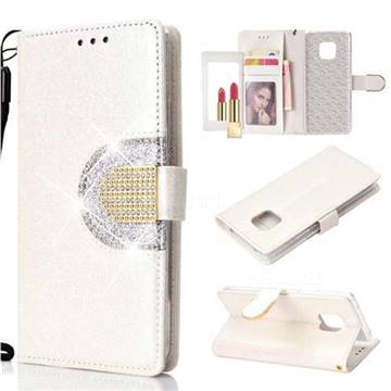 Glitter Diamond Buckle Splice Mirror Leather Wallet Phone Case for Huawei Mate 20 Pro - White