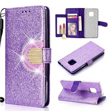 Glitter Diamond Buckle Splice Mirror Leather Wallet Phone Case for Huawei Mate 20 Pro - Purple