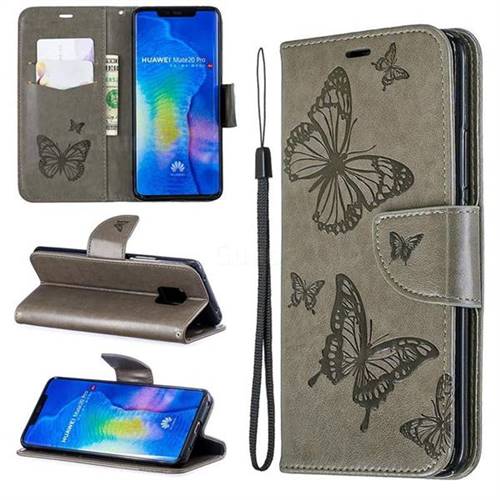 Embossing Double Butterfly Leather Wallet Case for Huawei Mate 20 Pro - Gray