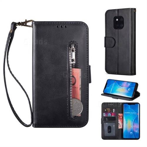 Retro Calfskin Zipper Leather Wallet Case Cover for Huawei Mate 20 Pro - Black