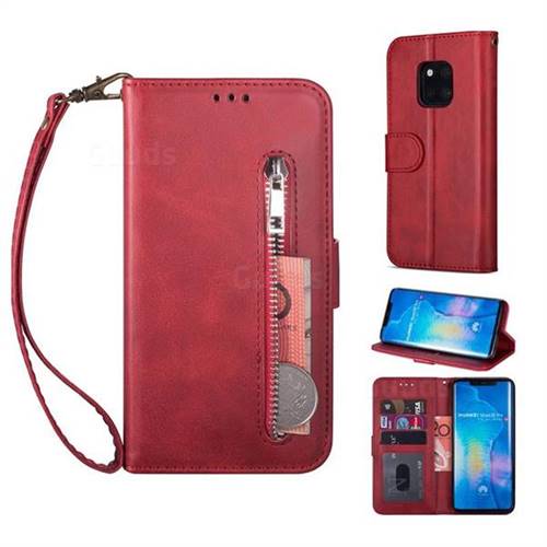 Retro Calfskin Zipper Leather Wallet Case Cover for Huawei Mate 20 Pro - Red