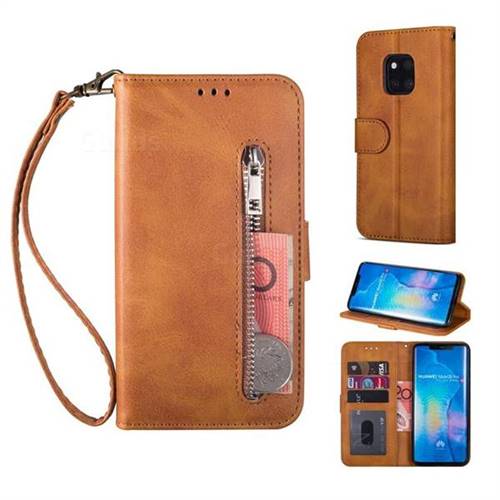 Retro Calfskin Zipper Leather Wallet Case Cover for Huawei Mate 20 Pro - Brown