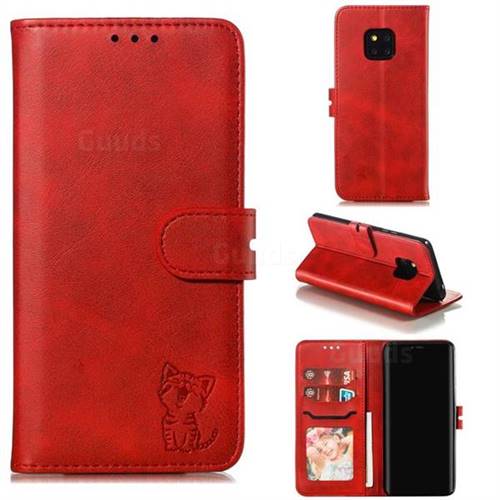 Embossing Happy Cat Leather Wallet Case for Huawei Mate 20 Pro - Red