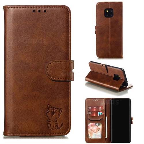 Embossing Happy Cat Leather Wallet Case for Huawei Mate 20 Pro - Brown