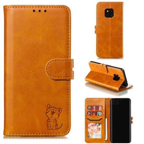 Embossing Happy Cat Leather Wallet Case for Huawei Mate 20 Pro - Yellow
