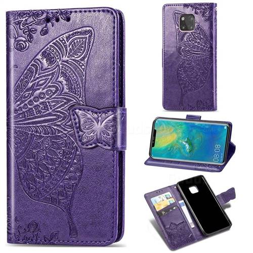 Embossing Mandala Flower Butterfly Leather Wallet Case for Huawei Mate 20 Pro - Dark Purple