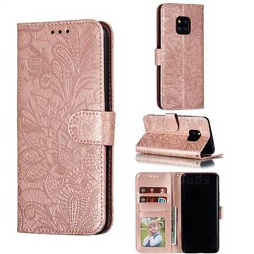 Intricate Embossing Lace Jasmine Flower Leather Wallet Case for Huawei Mate 20 Pro - Rose Gold