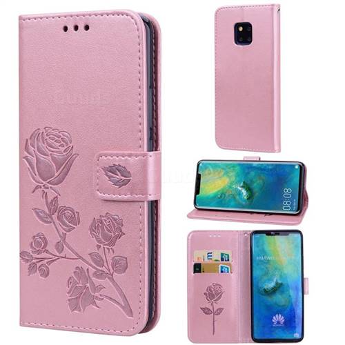 Embossing Rose Flower Leather Wallet Case for Huawei Mate 20 Pro - Rose Gold