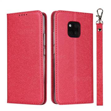 Ultra Slim Magnetic Automatic Suction Silk Lanyard Leather Flip Cover for Huawei Mate 20 Pro - Red