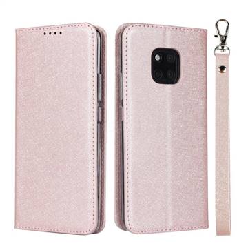 Ultra Slim Magnetic Automatic Suction Silk Lanyard Leather Flip Cover for Huawei Mate 20 Pro - Rose Gold