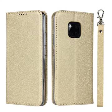 Ultra Slim Magnetic Automatic Suction Silk Lanyard Leather Flip Cover for Huawei Mate 20 Pro - Golden