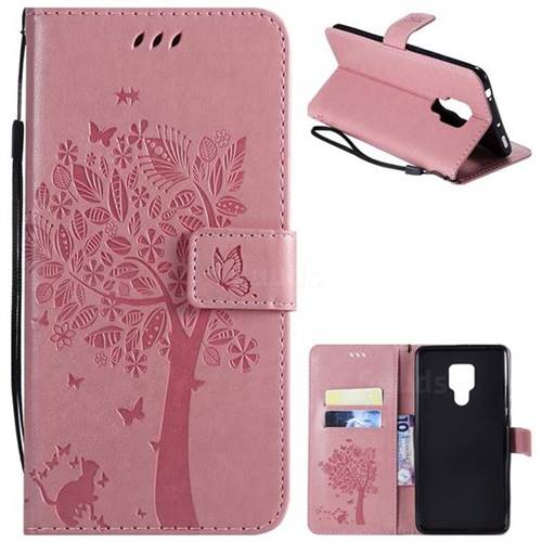 Embossing Butterfly Tree Leather Wallet Case for Huawei Mate 20 X - Pink