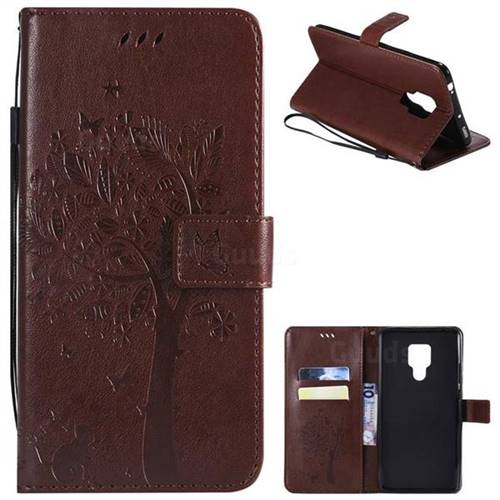 Embossing Butterfly Tree Leather Wallet Case for Huawei Mate 20 X - Coffee