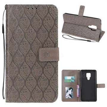 Intricate Embossing Rattan Flower Leather Wallet Case for Huawei Mate 20 X - Grey
