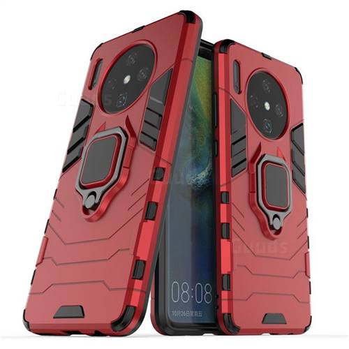 Black Panther Armor Metal Ring Grip Shockproof Dual Layer Rugged Hard Cover for Huawei Mate 30 - Red
