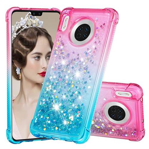 Rainbow Gradient Liquid Glitter Quicksand Sequins Phone Case for Huawei Mate 30 - Pink Blue