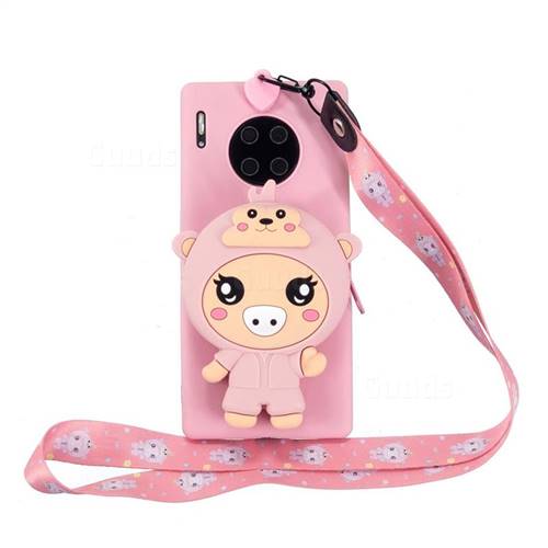 Pink Pig Neck Lanyard Zipper Wallet Silicone Case for Huawei Mate 30