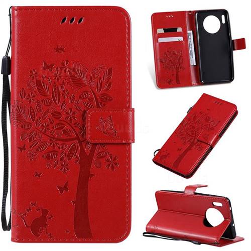 Embossing Butterfly Tree Leather Wallet Case for Huawei Mate 30 - Red