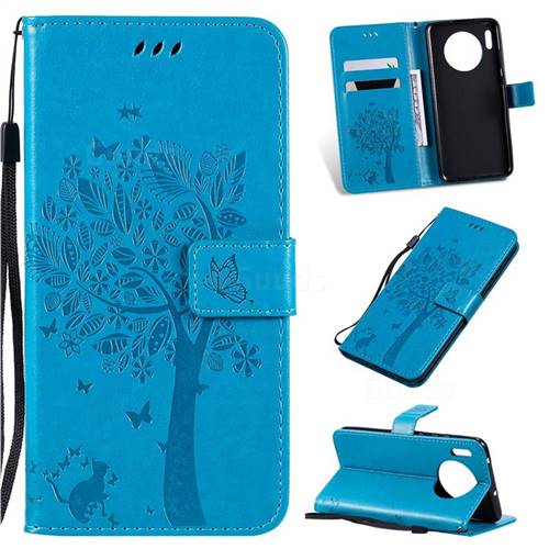Embossing Butterfly Tree Leather Wallet Case for Huawei Mate 30 - Blue