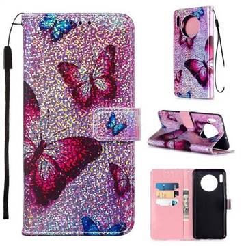 Blue Butterfly Sequins Painted Leather Wallet Case for Huawei Mate 30