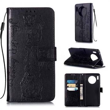 Embossing Tiger and Cat Leather Wallet Case for Huawei Mate 30 - Black