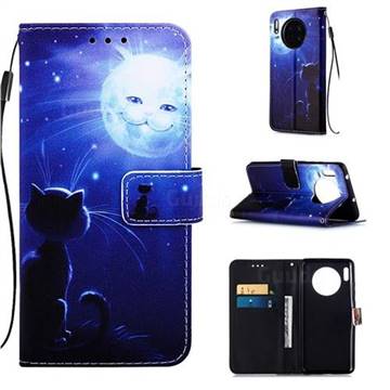 Cat and Moon Matte Leather Wallet Phone Case for Huawei Mate 30