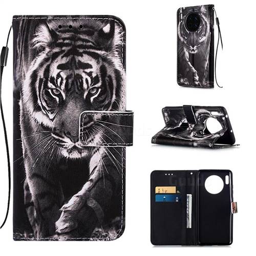 Black and White Tiger Matte Leather Wallet Phone Case for Huawei Mate 30