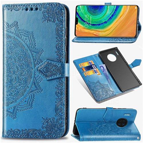 Embossing Imprint Mandala Flower Leather Wallet Case for Huawei Mate 30 - Blue