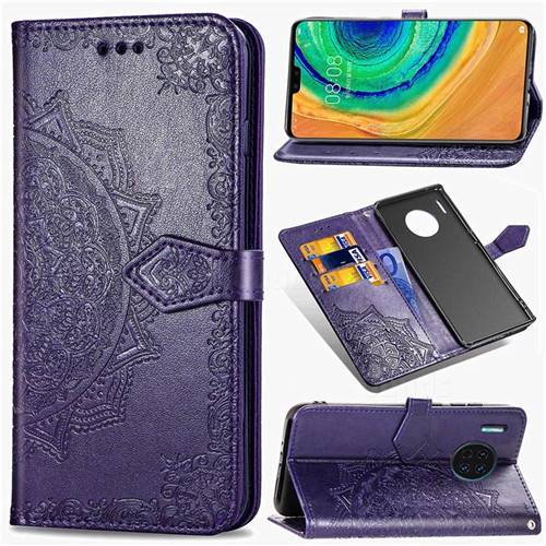 Embossing Imprint Mandala Flower Leather Wallet Case for Huawei Mate 30 - Purple