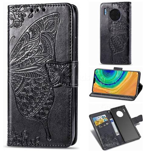 Embossing Mandala Flower Butterfly Leather Wallet Case for Huawei Mate 30 - Black