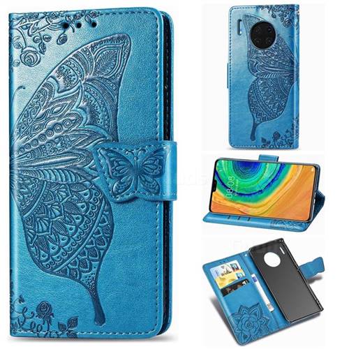 Embossing Mandala Flower Butterfly Leather Wallet Case for Huawei Mate 30 - Blue