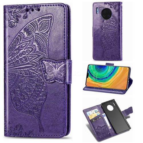 Embossing Mandala Flower Butterfly Leather Wallet Case for Huawei Mate 30 - Dark Purple