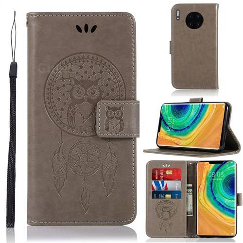 Intricate Embossing Owl Campanula Leather Wallet Case for Huawei Mate 30 - Grey