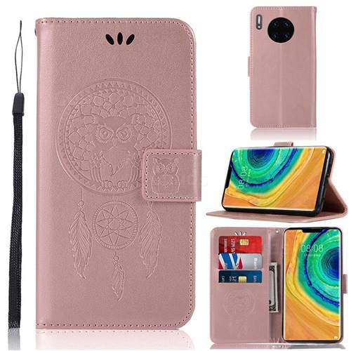 Intricate Embossing Owl Campanula Leather Wallet Case for Huawei Mate 30 - Rose Gold