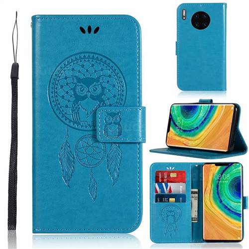Intricate Embossing Owl Campanula Leather Wallet Case for Huawei Mate 30 - Blue