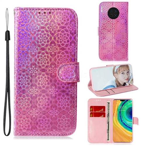 Laser Circle Shining Leather Wallet Phone Case for Huawei Mate 30 - Pink