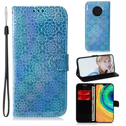 Laser Circle Shining Leather Wallet Phone Case for Huawei Mate 30 - Blue