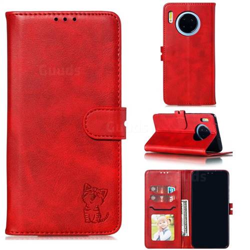 Embossing Happy Cat Leather Wallet Case for Huawei Mate 30 - Red