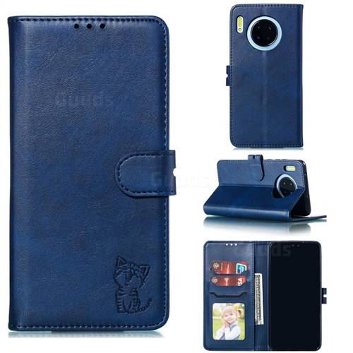 Embossing Happy Cat Leather Wallet Case for Huawei Mate 30 - Blue